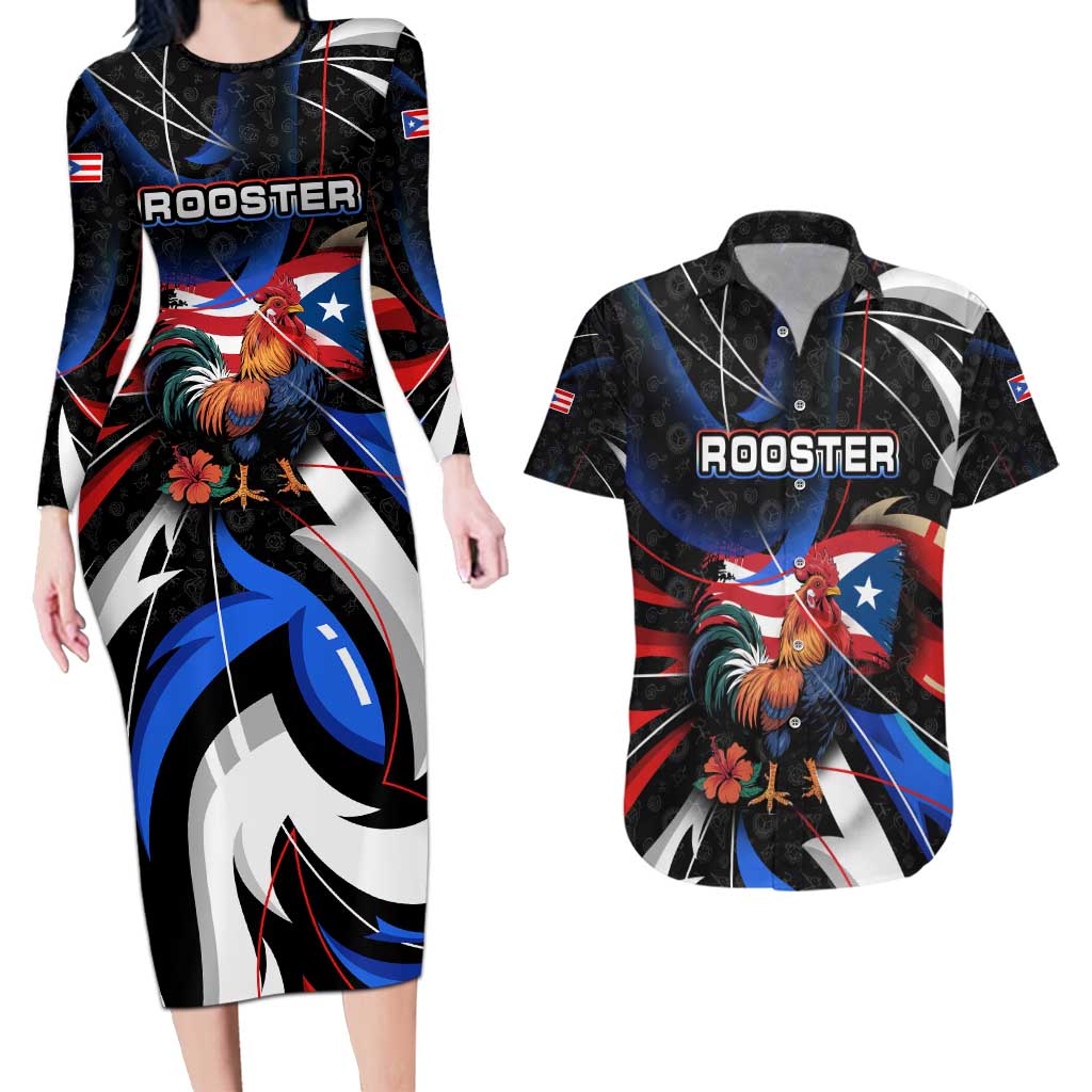 Puerto Rico Rooster Couples Matching Long Sleeve Bodycon Dress and Hawaiian Shirt with Flag Design and Tropical Hibiscus Flowers