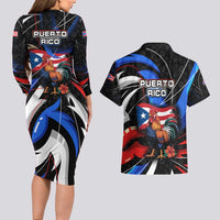 Puerto Rico Rooster Couples Matching Long Sleeve Bodycon Dress and Hawaiian Shirt with Flag Design and Tropical Hibiscus Flowers