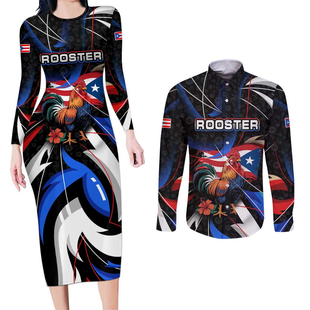 Puerto Rico Rooster Couples Matching Long Sleeve Bodycon Dress and Long Sleeve Button Shirt with Flag Design and Tropical Hibiscus Flowers