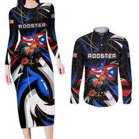 Puerto Rico Rooster Couples Matching Long Sleeve Bodycon Dress and Long Sleeve Button Shirt with Flag Design and Tropical Hibiscus Flowers