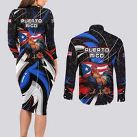 Puerto Rico Rooster Couples Matching Long Sleeve Bodycon Dress and Long Sleeve Button Shirt with Flag Design and Tropical Hibiscus Flowers