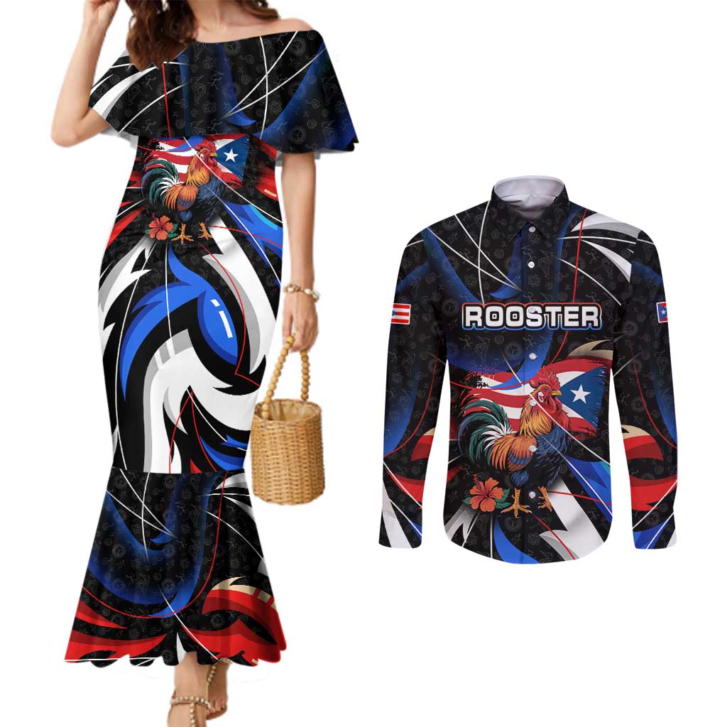 Puerto Rico Rooster Couples Matching Mermaid Dress and Long Sleeve Button Shirt with Flag Design and Tropical Hibiscus Flowers