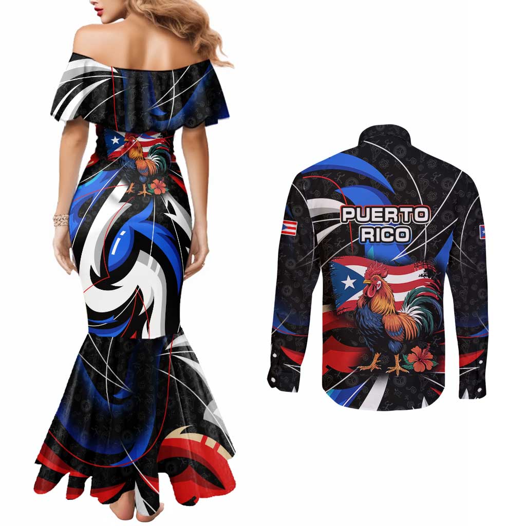 Puerto Rico Rooster Couples Matching Mermaid Dress and Long Sleeve Button Shirt with Flag Design and Tropical Hibiscus Flowers