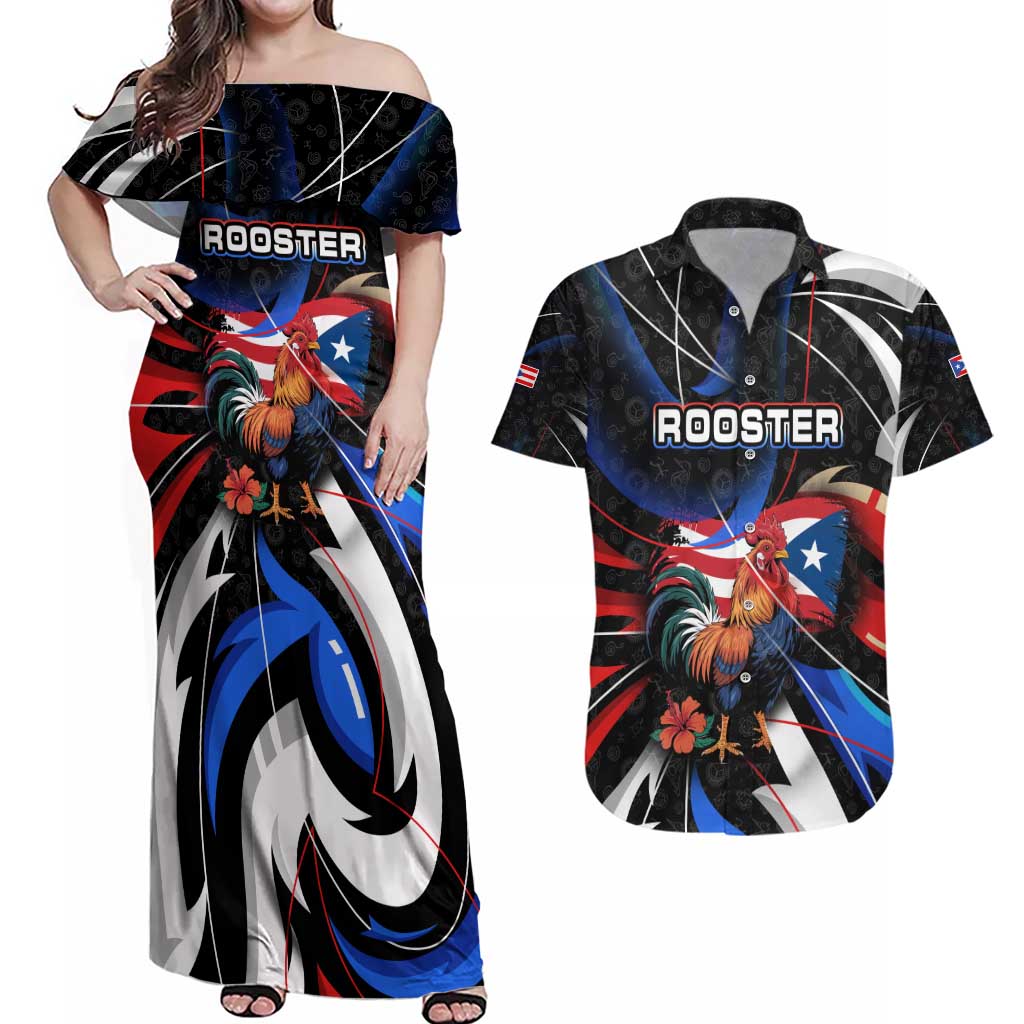 Puerto Rico Rooster Couples Matching Off Shoulder Maxi Dress and Hawaiian Shirt with Flag Design and Tropical Hibiscus Flowers