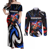Puerto Rico Rooster Couples Matching Off Shoulder Maxi Dress and Long Sleeve Button Shirt with Flag Design and Tropical Hibiscus Flowers