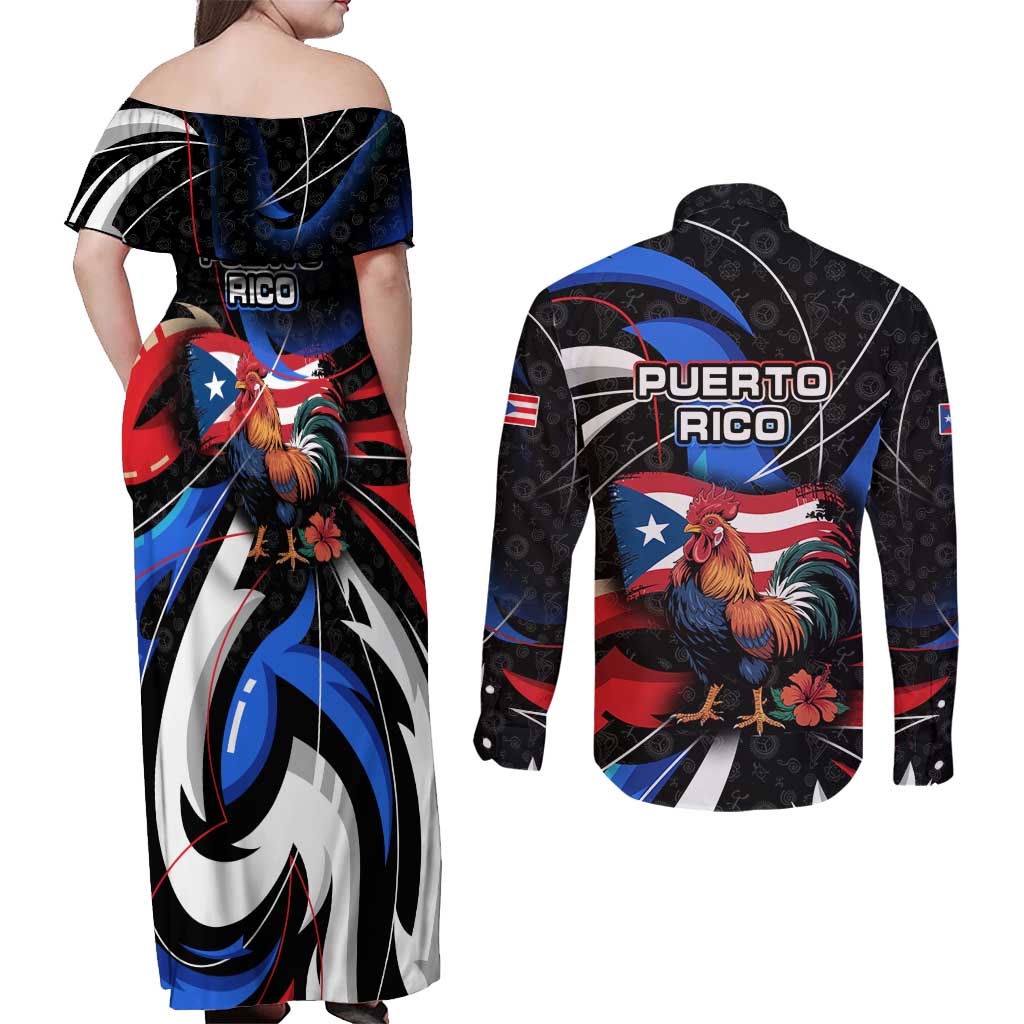 Puerto Rico Rooster Couples Matching Off Shoulder Maxi Dress and Long Sleeve Button Shirt with Flag Design and Tropical Hibiscus Flowers