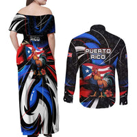 Puerto Rico Rooster Couples Matching Off Shoulder Maxi Dress and Long Sleeve Button Shirt with Flag Design and Tropical Hibiscus Flowers