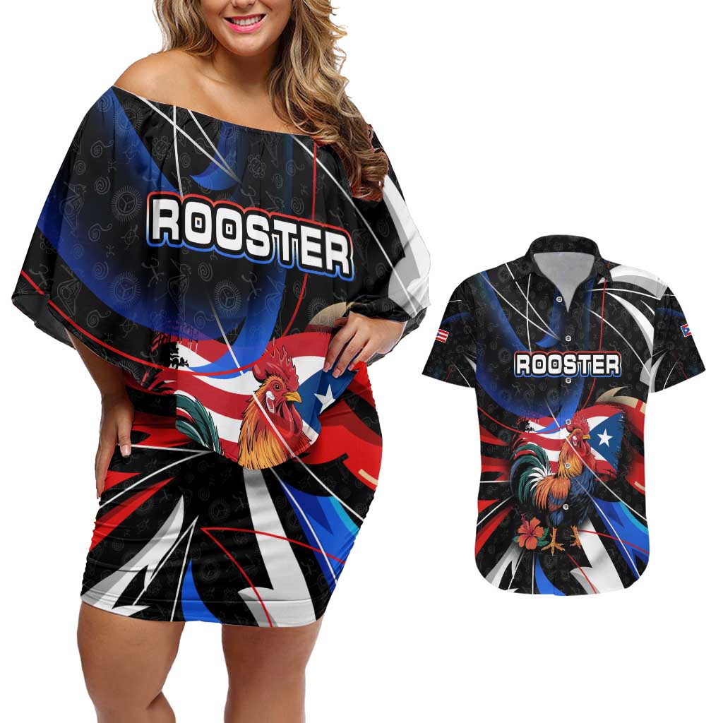 Puerto Rico Rooster Couples Matching Off Shoulder Short Dress and Hawaiian Shirt with Flag Design and Tropical Hibiscus Flowers