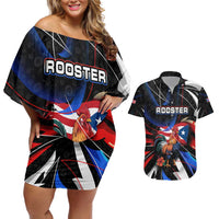 Puerto Rico Rooster Couples Matching Off Shoulder Short Dress and Hawaiian Shirt with Flag Design and Tropical Hibiscus Flowers