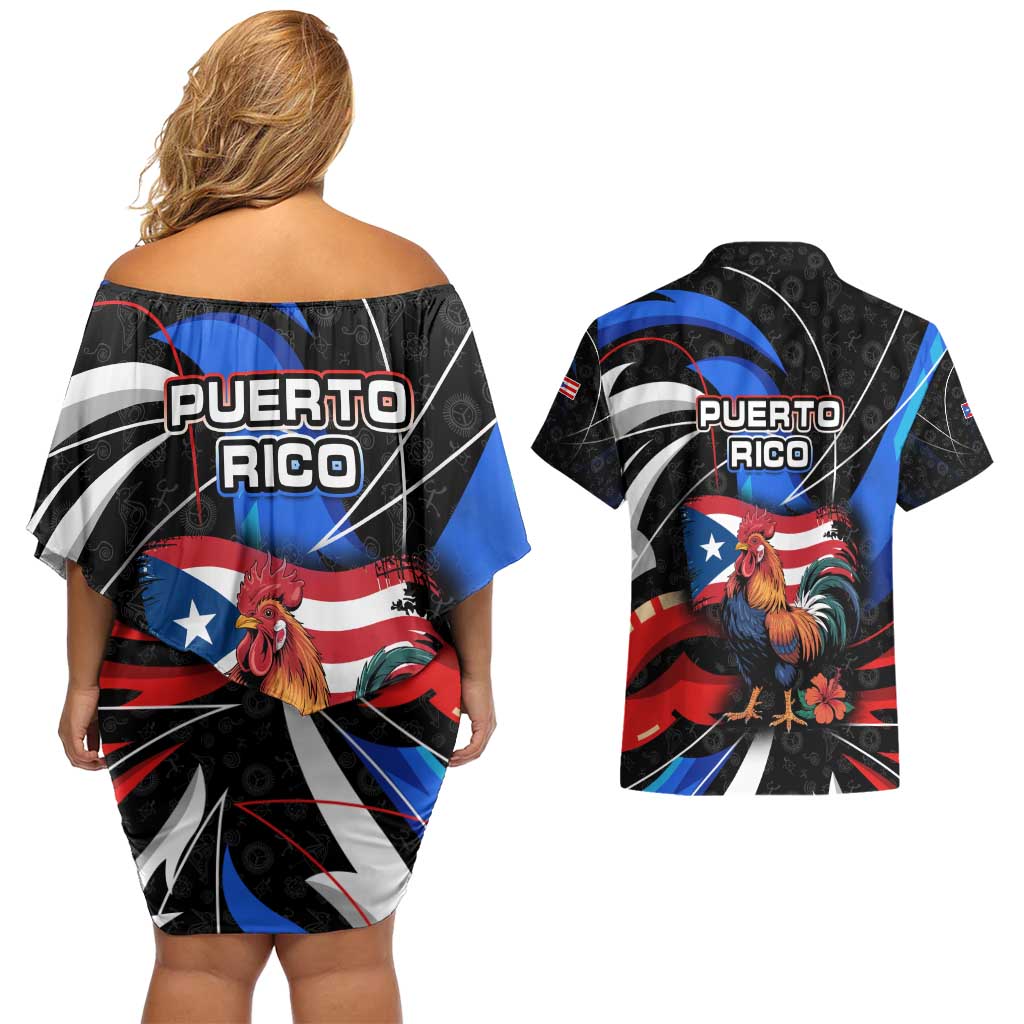 Puerto Rico Rooster Couples Matching Off Shoulder Short Dress and Hawaiian Shirt with Flag Design and Tropical Hibiscus Flowers