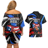 Puerto Rico Rooster Couples Matching Off Shoulder Short Dress and Hawaiian Shirt with Flag Design and Tropical Hibiscus Flowers