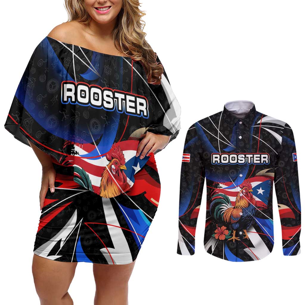 Puerto Rico Rooster Couples Matching Off Shoulder Short Dress and Long Sleeve Button Shirt with Flag Design and Tropical Hibiscus Flowers