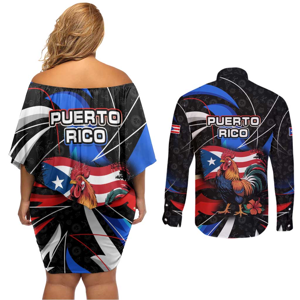 Puerto Rico Rooster Couples Matching Off Shoulder Short Dress and Long Sleeve Button Shirt with Flag Design and Tropical Hibiscus Flowers