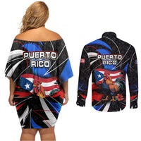 Puerto Rico Rooster Couples Matching Off Shoulder Short Dress and Long Sleeve Button Shirt with Flag Design and Tropical Hibiscus Flowers