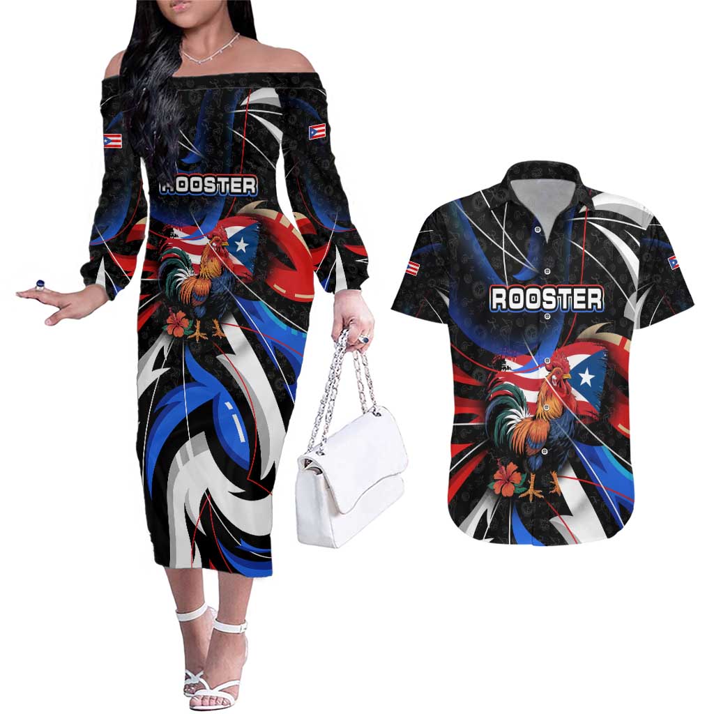 Puerto Rico Rooster Couples Matching Off The Shoulder Long Sleeve Dress and Hawaiian Shirt with Flag Design and Tropical Hibiscus Flowers