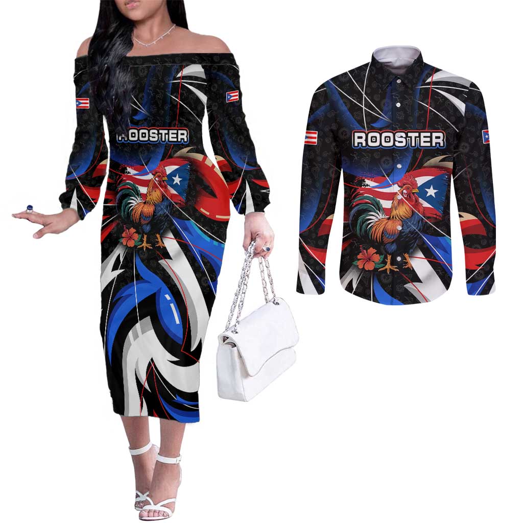 Puerto Rico Rooster Couples Matching Off The Shoulder Long Sleeve Dress and Long Sleeve Button Shirt with Flag Design and Tropical Hibiscus Flowers