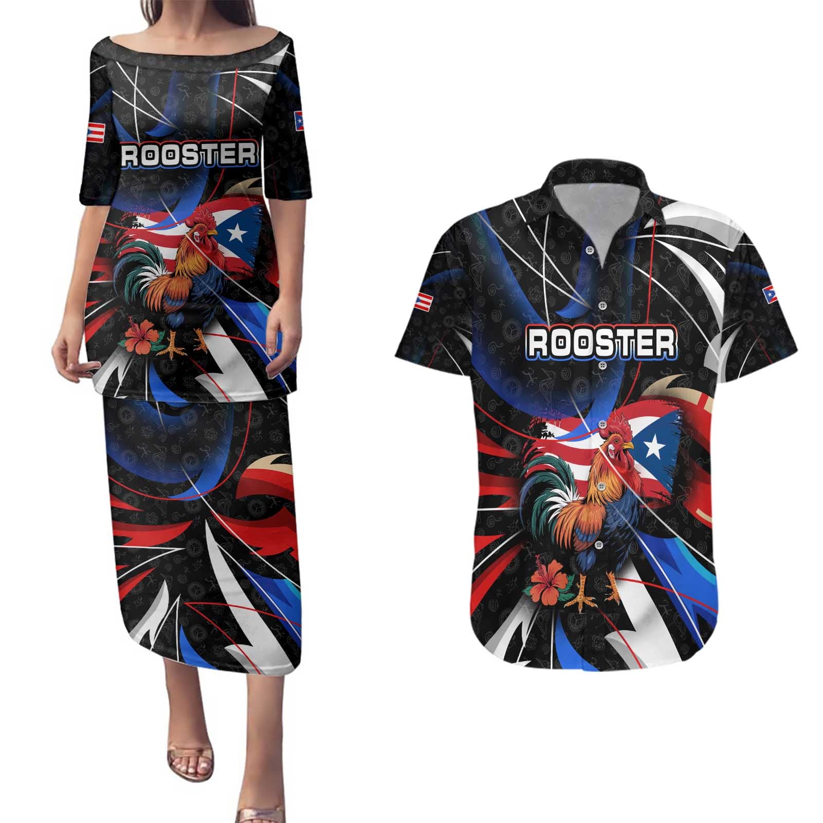 Puerto Rico Rooster Couples Matching Puletasi and Hawaiian Shirt with Flag Design and Tropical Hibiscus Flowers