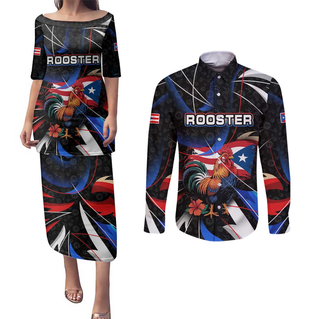 Puerto Rico Rooster Couples Matching Puletasi and Long Sleeve Button Shirt with Flag Design and Tropical Hibiscus Flowers