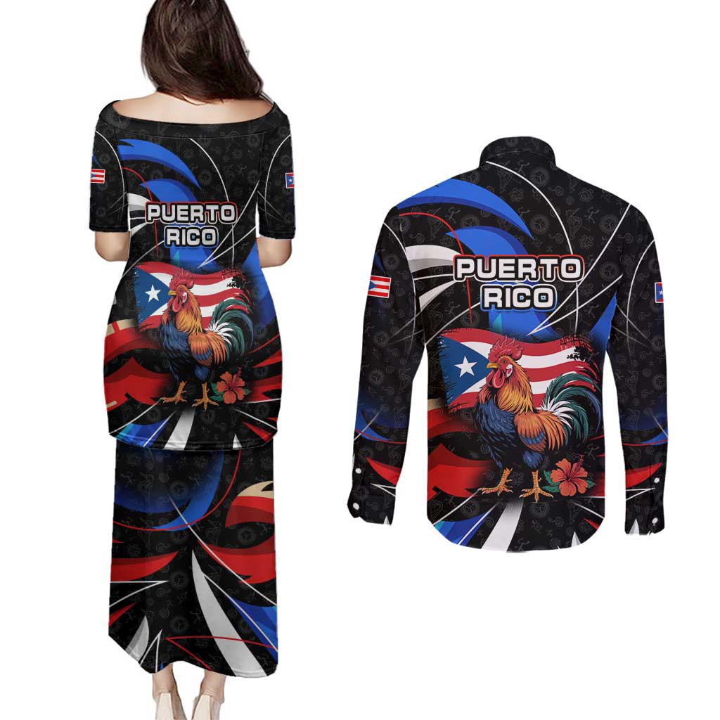 Puerto Rico Rooster Couples Matching Puletasi and Long Sleeve Button Shirt with Flag Design and Tropical Hibiscus Flowers