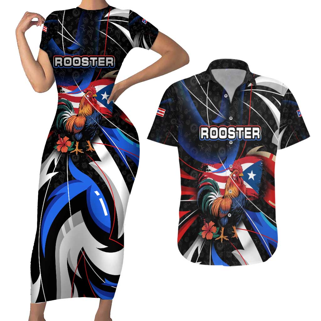 Puerto Rico Rooster Couples Matching Short Sleeve Bodycon Dress and Hawaiian Shirt with Flag Design and Tropical Hibiscus Flowers