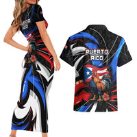 Puerto Rico Rooster Couples Matching Short Sleeve Bodycon Dress and Hawaiian Shirt with Flag Design and Tropical Hibiscus Flowers