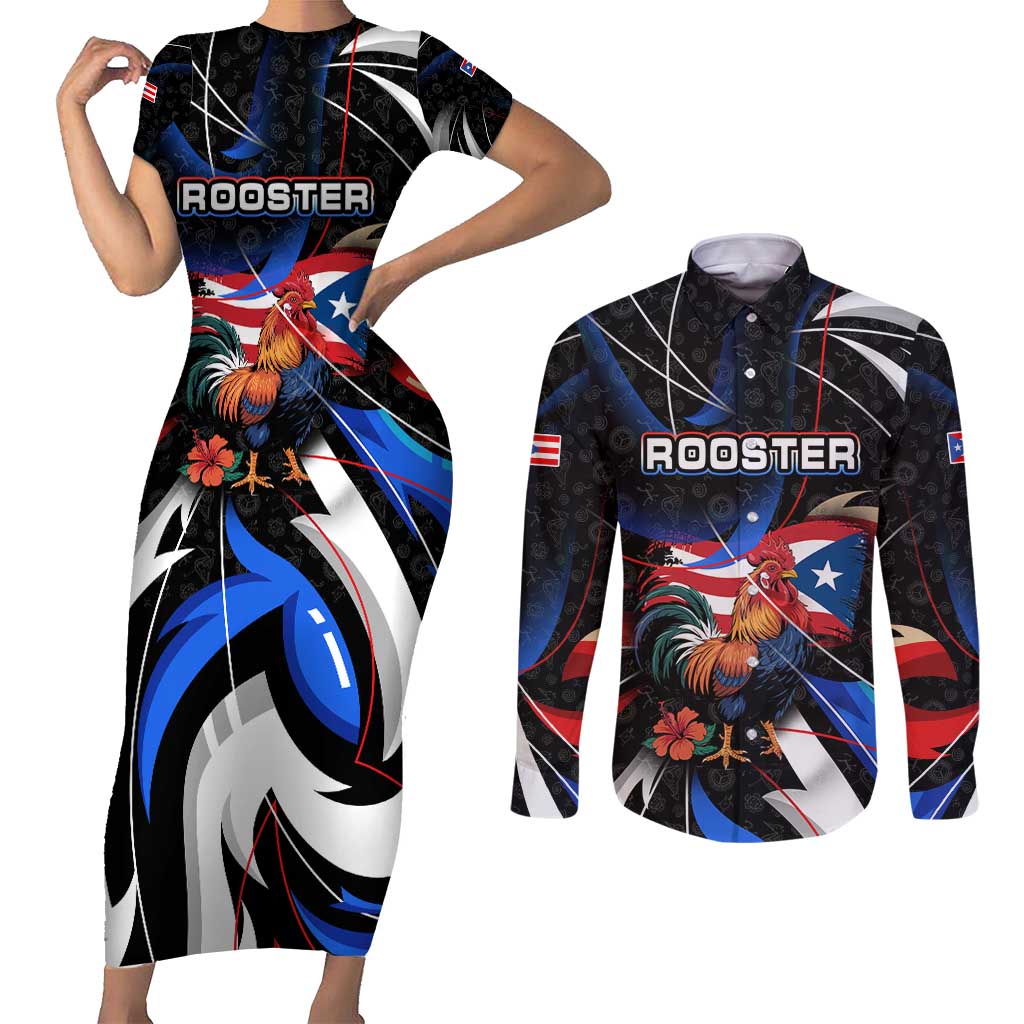 Puerto Rico Rooster Couples Matching Short Sleeve Bodycon Dress and Long Sleeve Button Shirt with Flag Design and Tropical Hibiscus Flowers