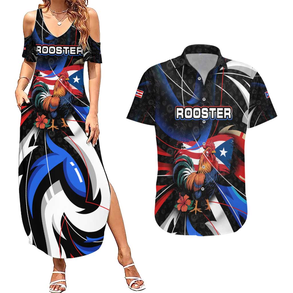 Puerto Rico Rooster Couples Matching Summer Maxi Dress and Hawaiian Shirt with Flag Design and Tropical Hibiscus Flowers