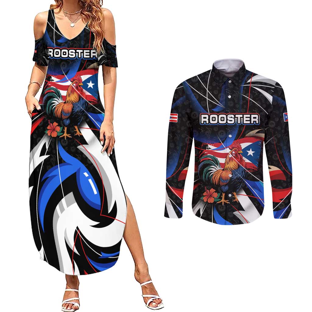 Puerto Rico Rooster Couples Matching Summer Maxi Dress and Long Sleeve Button Shirt with Flag Design and Tropical Hibiscus Flowers
