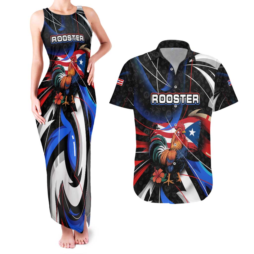 Puerto Rico Rooster Couples Matching Tank Maxi Dress and Hawaiian Shirt with Flag Design and Tropical Hibiscus Flowers
