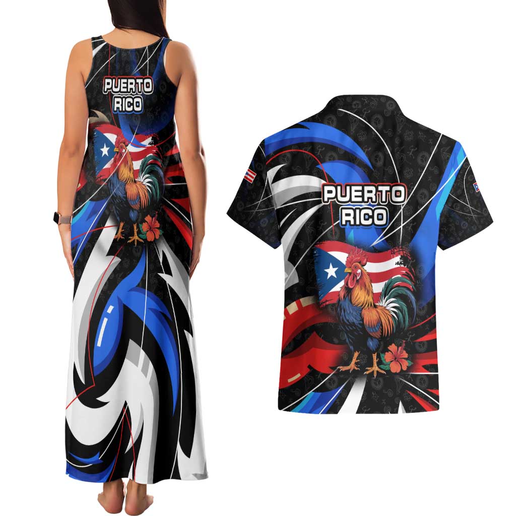 Puerto Rico Rooster Couples Matching Tank Maxi Dress and Hawaiian Shirt with Flag Design and Tropical Hibiscus Flowers
