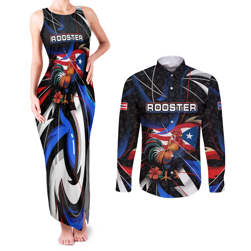 Puerto Rico Rooster Couples Matching Tank Maxi Dress and Long Sleeve Button Shirt with Flag Design and Tropical Hibiscus Flowers