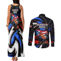 Puerto Rico Rooster Couples Matching Tank Maxi Dress and Long Sleeve Button Shirt with Flag Design and Tropical Hibiscus Flowers