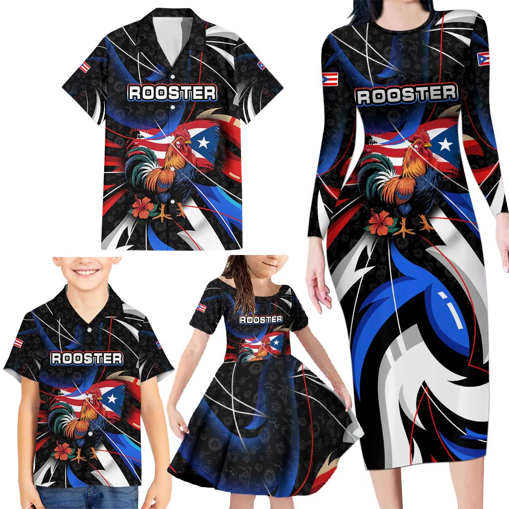 Puerto Rico Rooster Family Matching Long Sleeve Bodycon Dress and Hawaiian Shirt with Flag Design and Tropical Hibiscus Flowers