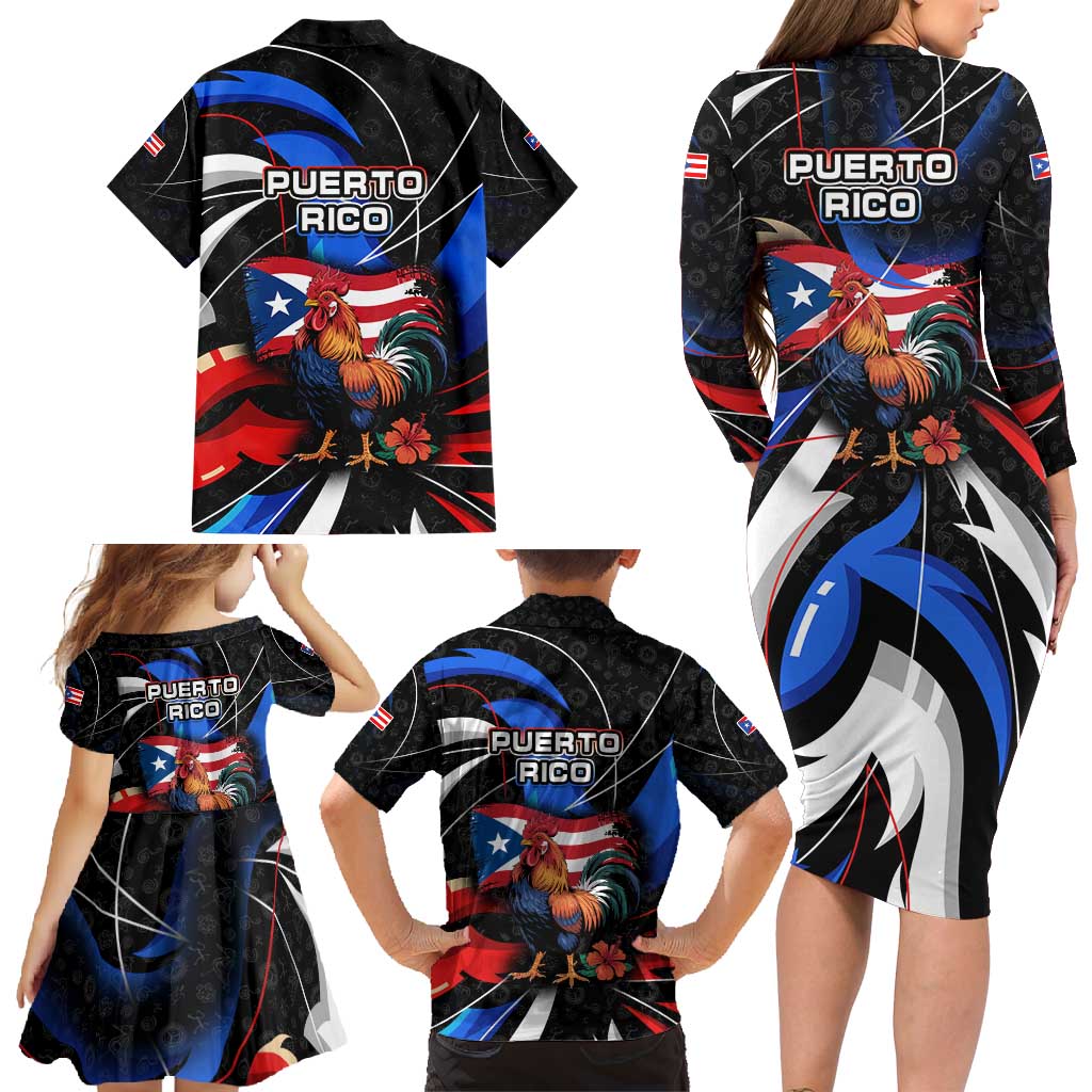 Puerto Rico Rooster Family Matching Long Sleeve Bodycon Dress and Hawaiian Shirt with Flag Design and Tropical Hibiscus Flowers