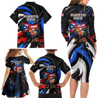 Puerto Rico Rooster Family Matching Long Sleeve Bodycon Dress and Hawaiian Shirt with Flag Design and Tropical Hibiscus Flowers