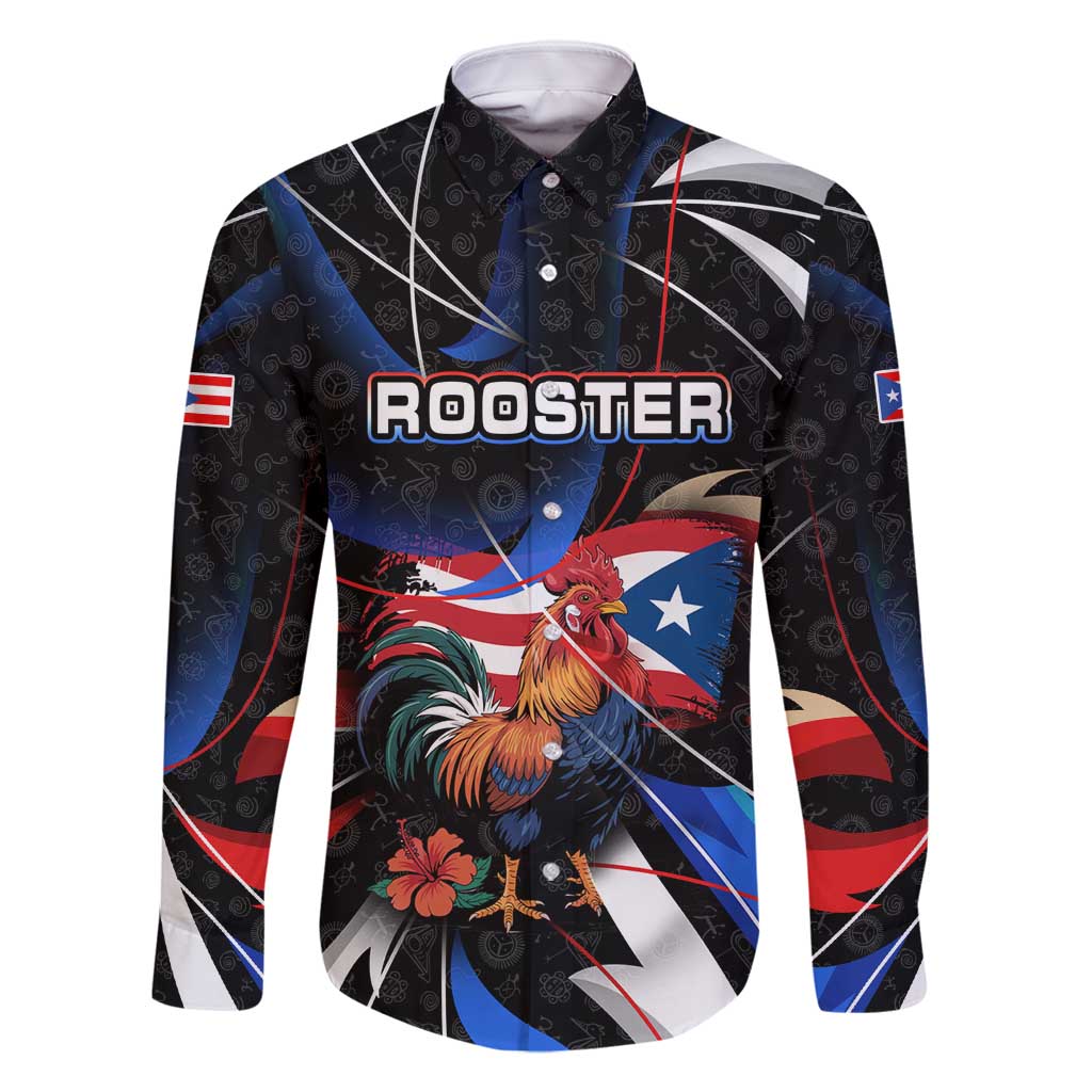 Puerto Rico Rooster Family Matching Long Sleeve Bodycon Dress and Hawaiian Shirt with Flag Design and Tropical Hibiscus Flowers