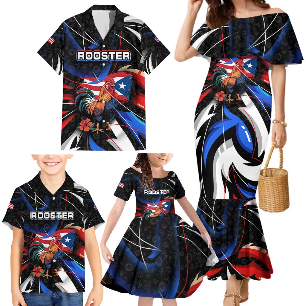 Puerto Rico Rooster Family Matching Mermaid Dress and Hawaiian Shirt with Flag Design and Tropical Hibiscus Flowers