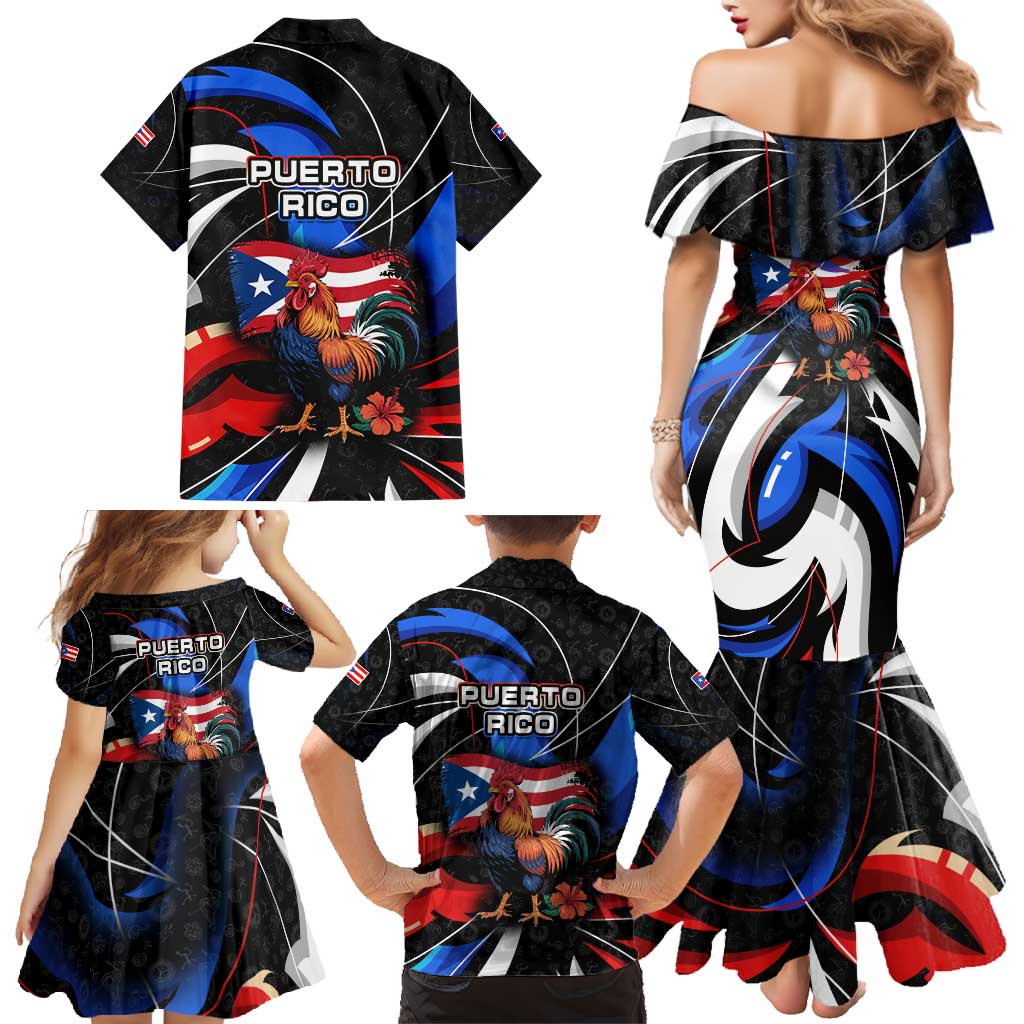 Puerto Rico Rooster Family Matching Mermaid Dress and Hawaiian Shirt with Flag Design and Tropical Hibiscus Flowers