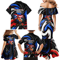Puerto Rico Rooster Family Matching Mermaid Dress and Hawaiian Shirt with Flag Design and Tropical Hibiscus Flowers