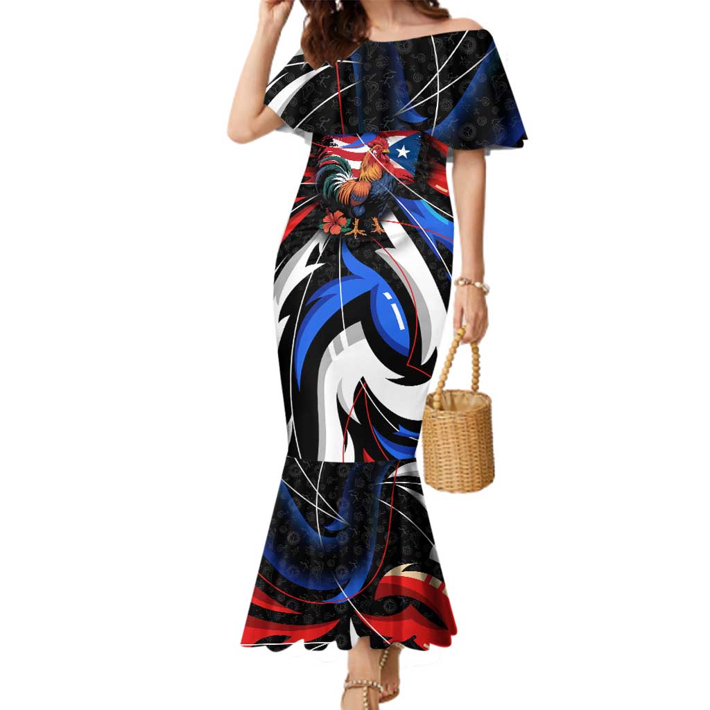Puerto Rico Rooster Family Matching Mermaid Dress and Hawaiian Shirt with Flag Design and Tropical Hibiscus Flowers