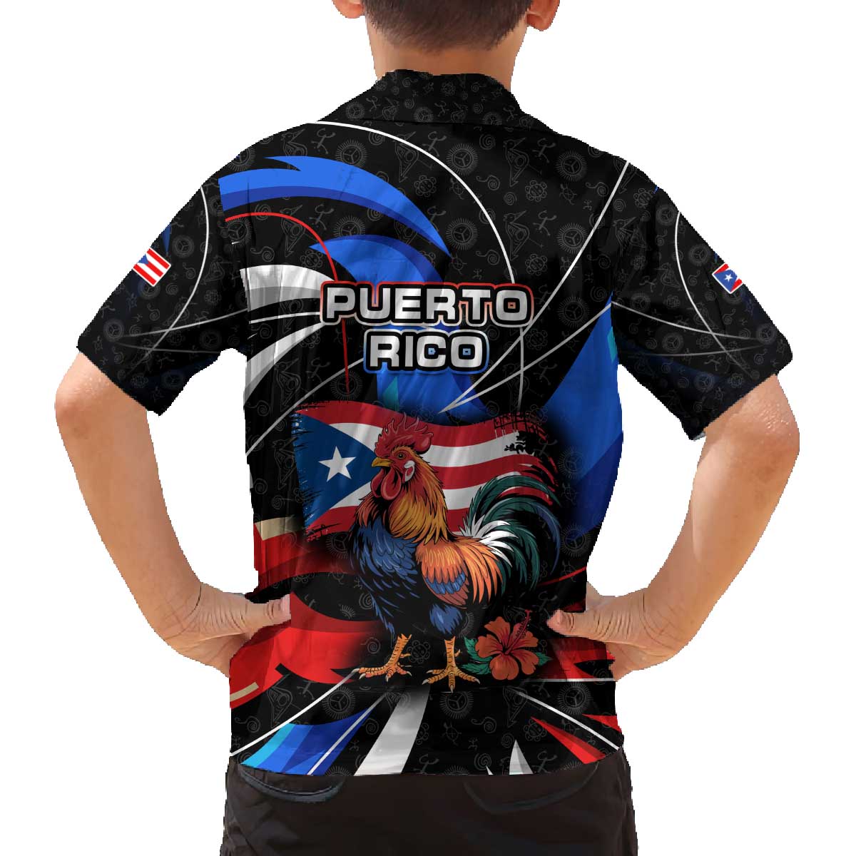 Puerto Rico Rooster Family Matching Off The Shoulder Long Sleeve Dress and Hawaiian Shirt with Flag Design and Tropical Hibiscus Flowers