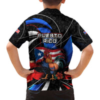 Puerto Rico Rooster Family Matching Off The Shoulder Long Sleeve Dress and Hawaiian Shirt with Flag Design and Tropical Hibiscus Flowers