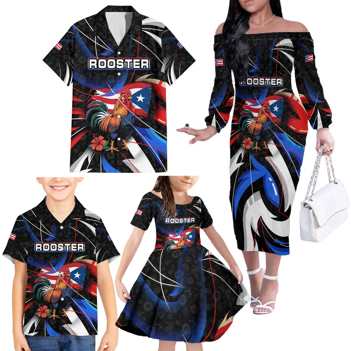 Puerto Rico Rooster Family Matching Off The Shoulder Long Sleeve Dress and Hawaiian Shirt with Flag Design and Tropical Hibiscus Flowers