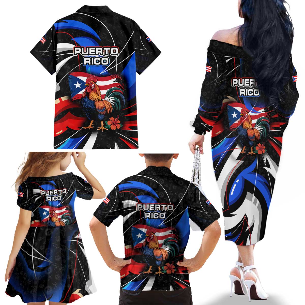 Puerto Rico Rooster Family Matching Off The Shoulder Long Sleeve Dress and Hawaiian Shirt with Flag Design and Tropical Hibiscus Flowers