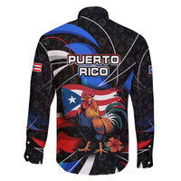 Puerto Rico Rooster Family Matching Off The Shoulder Long Sleeve Dress and Hawaiian Shirt with Flag Design and Tropical Hibiscus Flowers