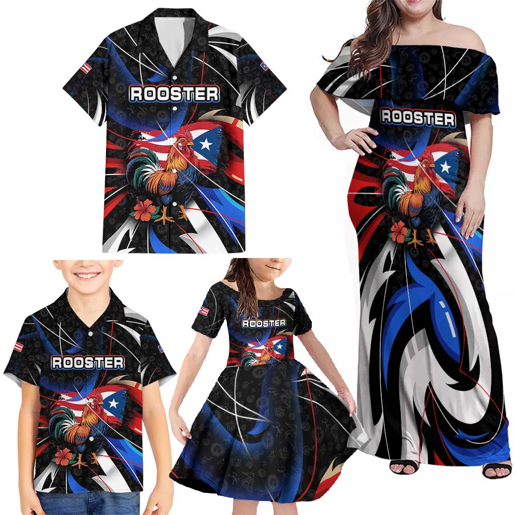 Puerto Rico Rooster Family Matching Off Shoulder Maxi Dress and Hawaiian Shirt with Flag Design and Tropical Hibiscus Flowers