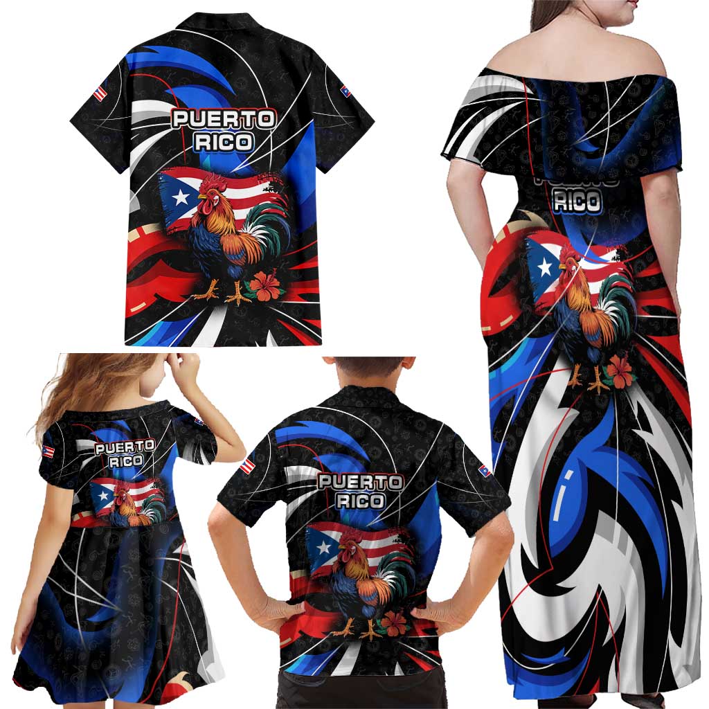 Puerto Rico Rooster Family Matching Off Shoulder Maxi Dress and Hawaiian Shirt with Flag Design and Tropical Hibiscus Flowers