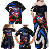 Puerto Rico Rooster Family Matching Off Shoulder Maxi Dress and Hawaiian Shirt with Flag Design and Tropical Hibiscus Flowers