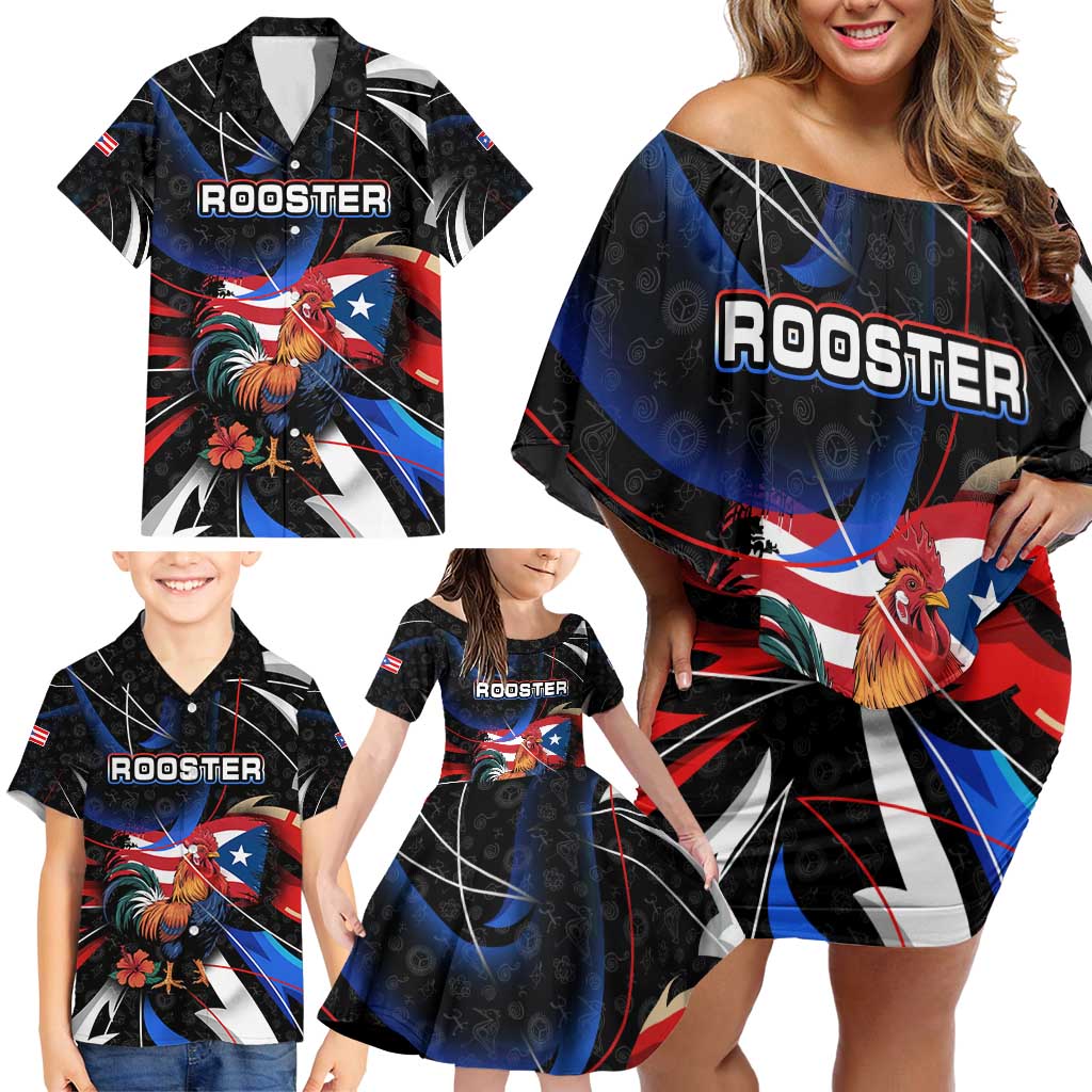 Puerto Rico Rooster Family Matching Off Shoulder Short Dress and Hawaiian Shirt with Flag Design and Tropical Hibiscus Flowers