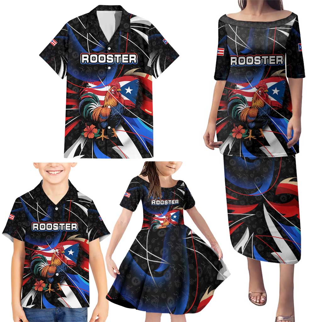 Puerto Rico Rooster Family Matching Puletasi and Hawaiian Shirt with Flag Design and Tropical Hibiscus Flowers